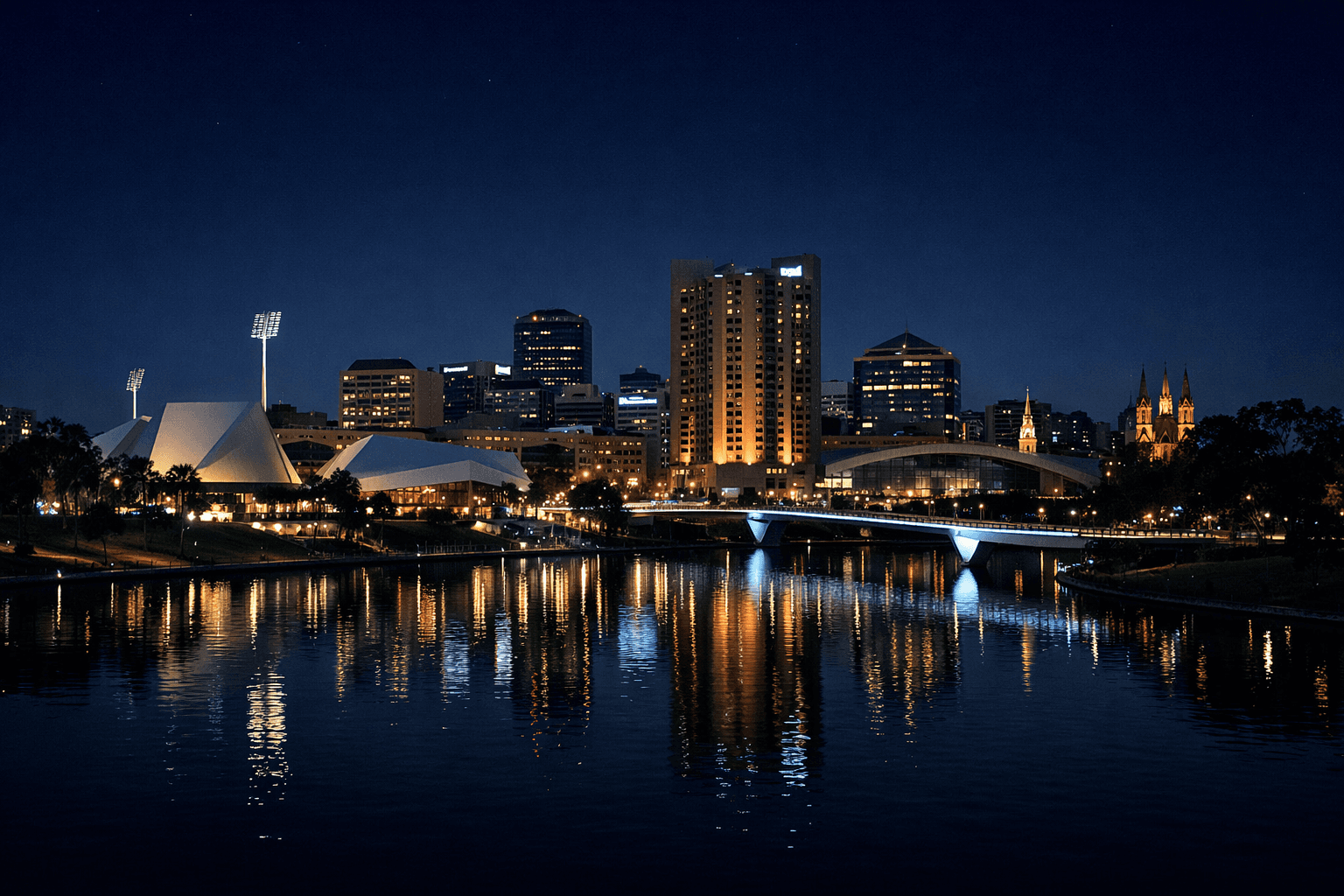 Australian skyline reflecting on water at night